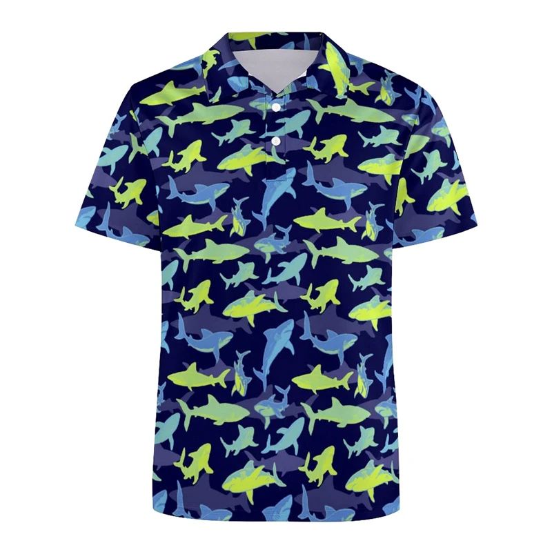 Funny Golf 3d Print Polo Shirt For Men Colorful Flower Short Sleeves T-shirt Cartoon Animal Shark Casual Sports Shark Shirts - Image 3